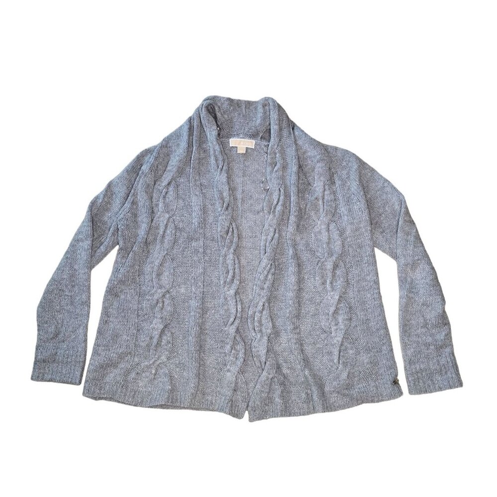 Michael Kors Womens Cable Knit Cardigan Sweater Gray LG Wool Blend Open Front